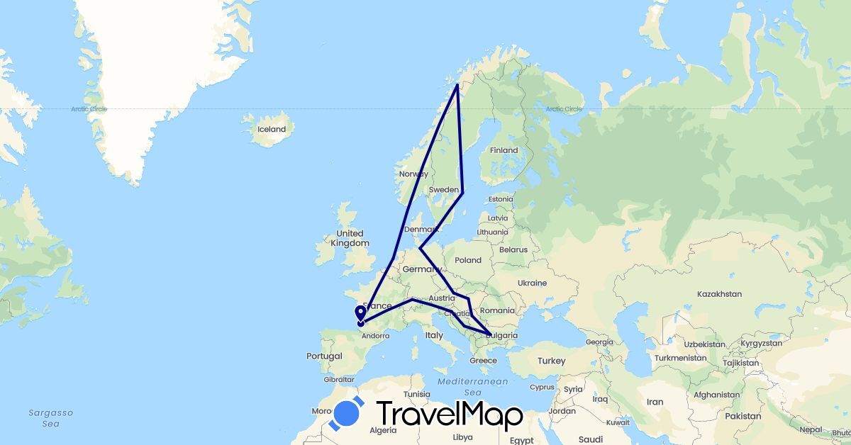TravelMap itinerary: driving in Austria, Bosnia and Herzegovina, Bulgaria, Switzerland, Czech Republic, Germany, France, Croatia, Hungary, Netherlands, Norway, Serbia, Sweden (Europe)